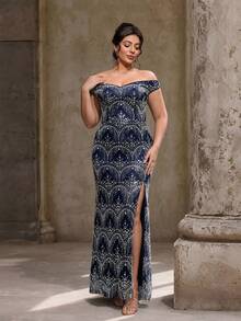 VIPGIRL Gaun Malam Mewah Elegan Model Tulang Ikan Tanpa Lengan Warna Biru Tua Ukuran Plus, Model Baru, Berhiaskan Manik-manik dan Mutiara - Navy Blue - View 7