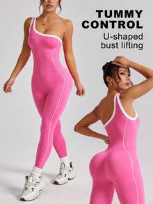Seamless Contrast Color Shoulder Sports Jumpsuit, Soft & Comfortable Fabric, Tummy Control & Butt Lifting Yoga Jumpsuit Summer - Hot Pink - View 2