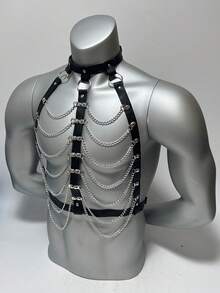 1PC Men's PU Leather Harness Belt With Mutil-Layer Chains,Fashion Punk Style Body Decortive Belt For Daily And Halloween Party - Black - View 2