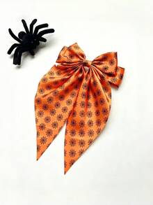 1pc Halloween Black Spider Web Embroidered Tulle Long Tail Bow Hair Clip, Cute Hair Clip For Girls, Gift Party Hair Accessory Halloween Bows - Multicolor - View 9