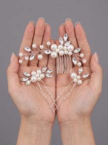 3pcs Elegant Faux Pearl & Rhinestone Twisted Hair Comb And U-Shaped Hair Pin Set, Forest Style Bridal Wedding Party Updo Hair Accessories, Beautiful Fairy-Like Pearl & Rhinestone Hair Ornaments, Versatile Hair Clips Combination For Wedding, Party, Photoshoot - Silver - View 5