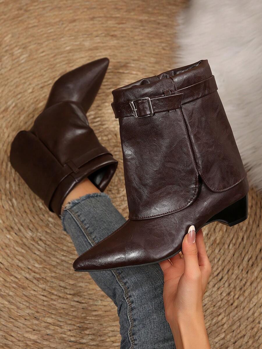 Autumn/Winter New Women's Ankle Boots And Short Boots, Pointed Toe Chunky Heel Slim Fit Boots, Ruched Stacked Short Boots, Slip-On Metal Buckle Decor, Commute Versatile Daily Pants Boots - Coffee Brown - View 1