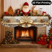1PC 2D Flat Vintage Gold Bow Christmas Fireplace Table Runner, Pine Branch Pine Cone Gold Snowflake Print, Christmas Fireplace Decor, Luxury Winter Holiday Home Atmosphere Decoration, Home Wall Art Decor, Garden Outdoor Decor, Indoor Outdoor, Polyester - Multicolor - View 2