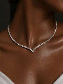 1pc Women's Elegant V-Shaped Rhinestone Tennis Necklace, Adjustable Collarbone Chain, Suitable For Glamorous Bridal, Evening Party, Ball, Formal Occasions - Rhinestones - View 3