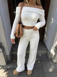 ENGU CO. Y2K Cold Shoulder Fuzzy Fluffy 2 Pieces Set, Long Sleeve Cropped Top + Flare Pants Outfit, Women's Casual Comfortable Matching Set - White - View 3