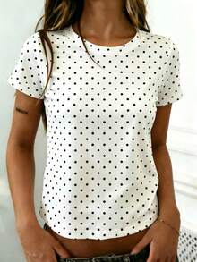 Plus Size Women's Summer Faux Pearl Bow Print Polka Dot T-Shirt, Short Sleeve Round Neck Casual Top, Spring/Summer Style White Vacation - White - View 3