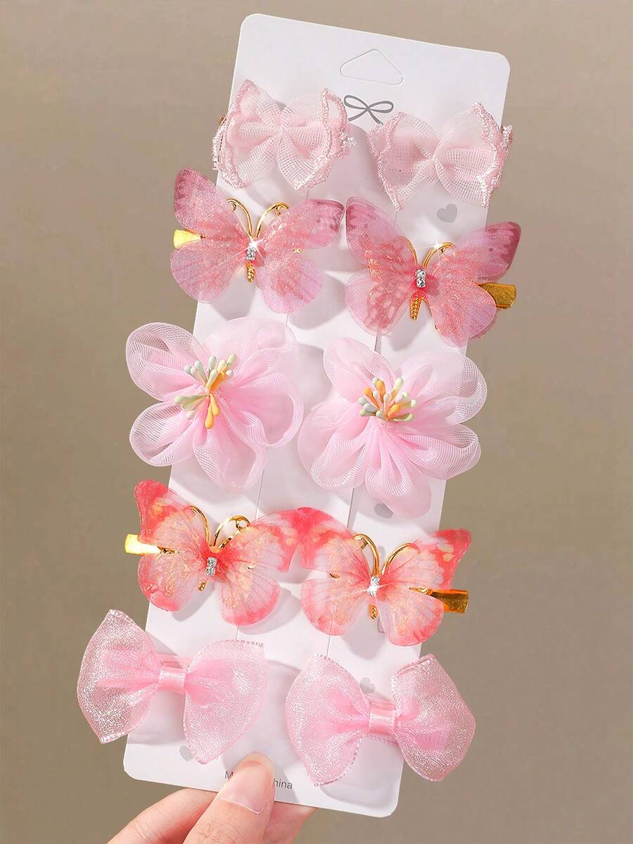 10入兒童嬰兒多色水鑽蝴蝶布藝蝴蝶結網花鴨嘴側瀏海髮夾 女孩日常使用 - 彩色 - 查看 1