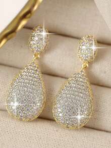 1 Pair Luxury Elegant Cubic Zirconia Water Drop Pendant Earrings, Fashionable Women's Jewelry, Suitable For Daily Wear, Party, Gift, Travel - Yellow Gold - View 1