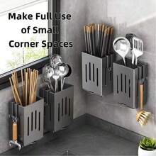 1pc Kitchen Multi-Function Chopstick Holder Storage Rack, Wall-Mounted No-Drill Chopstick Draining Rack, Home Kitchen Utensil Storage Rack, Home Storage & Organization Supplies, Kitchen Accessories - Grey - View 4