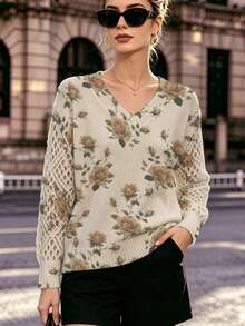 Women's Autumn Vintage Floral Print V-Neck Knit Sweater, Hollow Long Sleeve Design, Eye-Catching Outfit For Outings - Multicolor - View 3