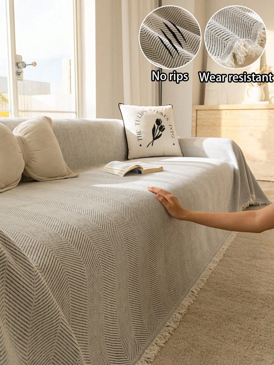 1件装雪尼尔现代防滑沙发套,多功能沙发毯、靠垫、桌布、野餐垫,适用于沙发、卧室、客厅、办公室、户外,人字纹图案 - 米色 - 查看 1