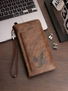HOVI'S Men's 2 Pieces Vintage Distressed Clutch Wallet Set - Long Wrist Strap Handbag With Embossed Design + Compact Short Wallet - Brown - View 2