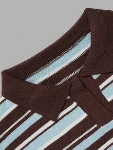 Nicenter Women's Fall Winter Brown Baby Blue Stripe Polo Collar Drop Shoulder Wool Blend Sweater, Casual Simple For Office Daily Home Date - Multicolor - View 6