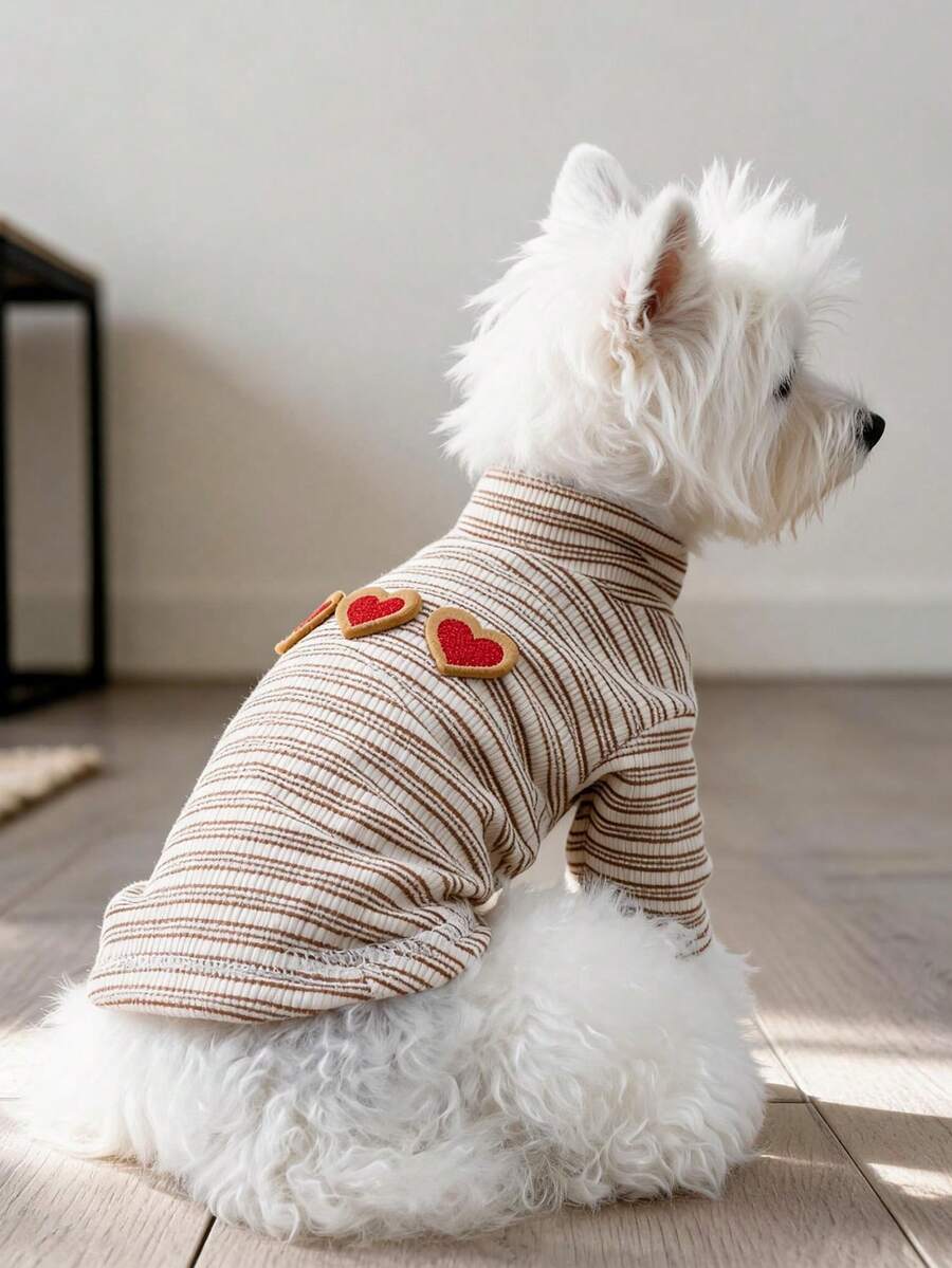 PETCIRCLE 1件寵物衣服 狗貓適用 小狗幼犬可愛愛心餅乾印花內搭衫 - 彩色 - 查看 1