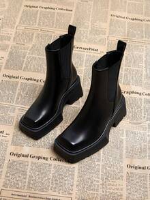 Fashion Square Toe Thick Sole Slip-On Women's Ankle Boots, Autumn/Winter New Mid-Calf Black Boots - Black - View 1