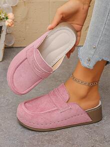 女款厚底增高純色圓頭坡跟穆勒拖鞋，休閒春秋日常戶外粉色半包頭女鞋 - 粉紅色絨面 - 查看 1