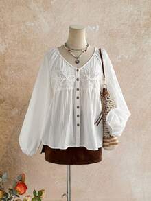 Rusttydustty Women's White Pure Cotton Vintage French Bohemian Style Doll Blouse, Embroidered Patchwork Hollow Design, Suitable For Autumn, Halloween - White - View 3