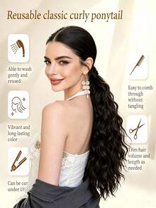 Wave Curly Wrap Around Clip In Synthetic Fiber Hair Shaped Long Ponytail Extension Hair, Black Curly Natural Wavy Water Wave Extensions 16-34 Inch, Halloween - Multicolor - View 10
