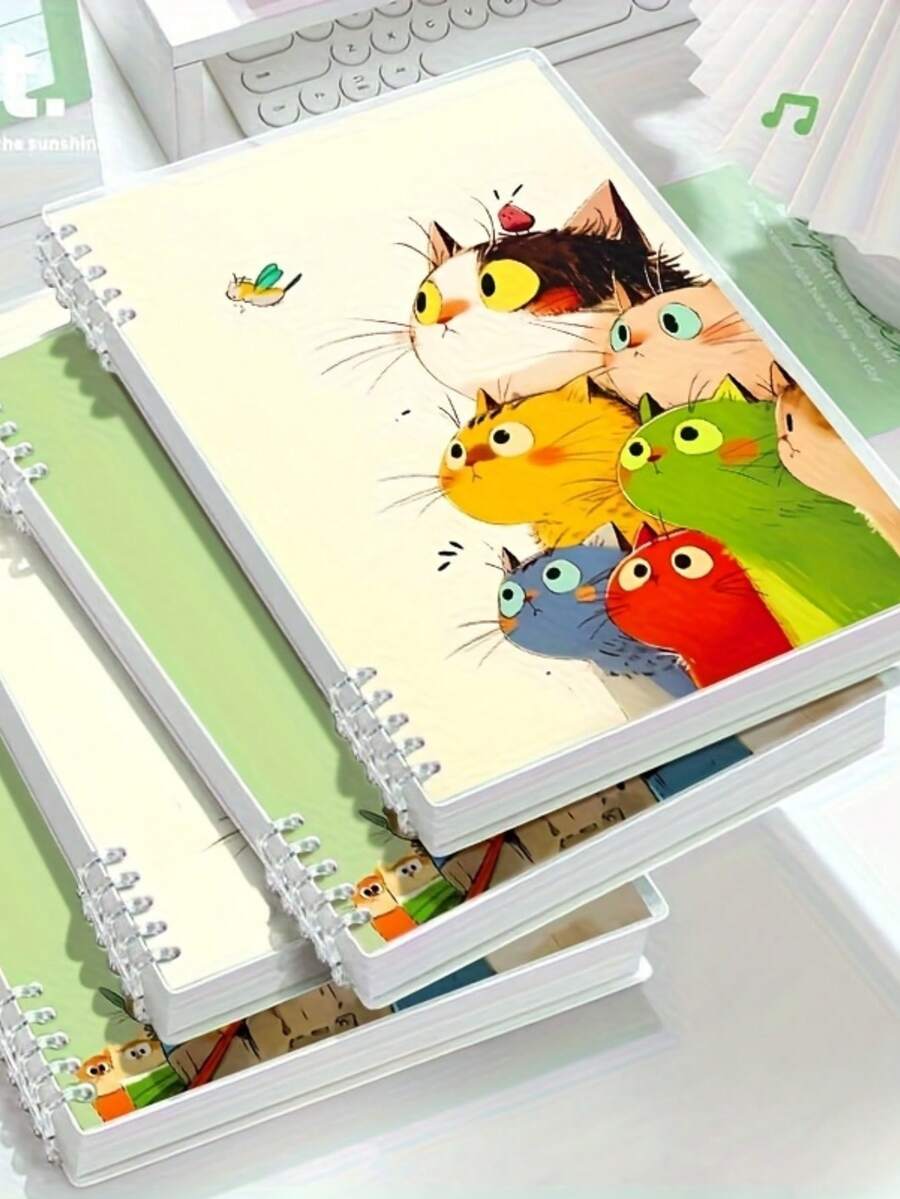 مجموعة 5 قطع، تشمل 1 دفتر حلزوني + 4 أقلام - تصميم قطة كرتونية لطيفة، 120 صفحة لكل منها، ربط حلزوني قابل للفصل للدراسة، مناسب للمدرسة والمكتب