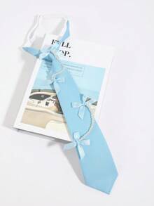 1PC Women's Bowknot + Tie Set, Minimalist Versatile School Style JK Uniform Shirt Bowknot Collar Accessory 2 Pieces Set - Blue - Bow JK - View 3