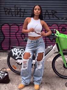 High Waist Ripped Pocket Straight Leg Jeans, Street Style Casual Spring Fall - Baby Blue - View 8