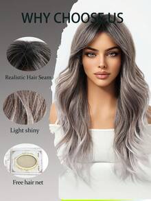 24 Inch Gradient Gray Silver Long Wavy Synthetic Wig, Middle Part Heat ...