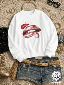 Women's Loose Fit Crew Neck Sweatshirt With Red Lips Print & 'You're Yummy' Slogan, Breathable Cotton, - White - View 4