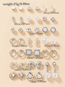 20 Pairs Women's Fashion Stud Earrings Set, Moon Snowflake Square Round Geometric Heart Faux Pearl Rhinestone Multi-Element Combination Earrings, Suitable For Casual Daily Wear, Vacation, Exquisite Jewelry, Holiday Gift - Silver - View 5