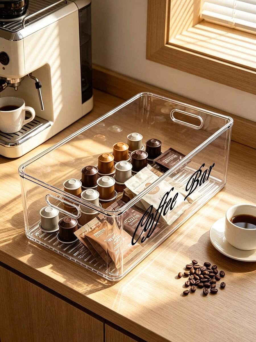 Multi Functional Transparent Large Capacity Plastic Coffee Storage Box, Transparent Plastic Storage Can, Printed With Coffee Related Letter Patterns, Suitable For Kitchen And Countertop Organization, Is An Ideal Gift For Coffee Enthusiasts, Staff, - Multicolor - View 1
