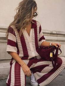 Women's Vintage Colorblock Vertical Striped Hollow Knit Set, Vacation Style Polo Collar Cardigan And Wide Leg Pants 2 Pieces Set - Multicolor - View 3