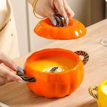 1pc Orange Pumpkin Shaped Ceramic Bowl With Lid, Double Twisted Handles, Heat-Resistant Stewing Bowl, Steamed Egg/Soup/Oatmeal Bowl, Home Kitchen Tableware - View 5
