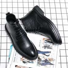 Sepatu bot tinggi pria motif kotak-kotak timbul dengan tali pengikat dan detail resleting samping, ujung bulat, gaya ramping, cocok untuk kantor, pesta, kencan, dan berbagai acara. - Hitam - View 2
