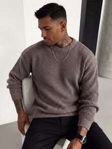 Men's Autumn/Winter Basic Solid Color Casual Fitted Lightweight Sheer Polyester Pique Texture Niche Design Long Sleeve Drop Shoulder Crew Neck Pullover Sweater - Coffee Brown - View 1