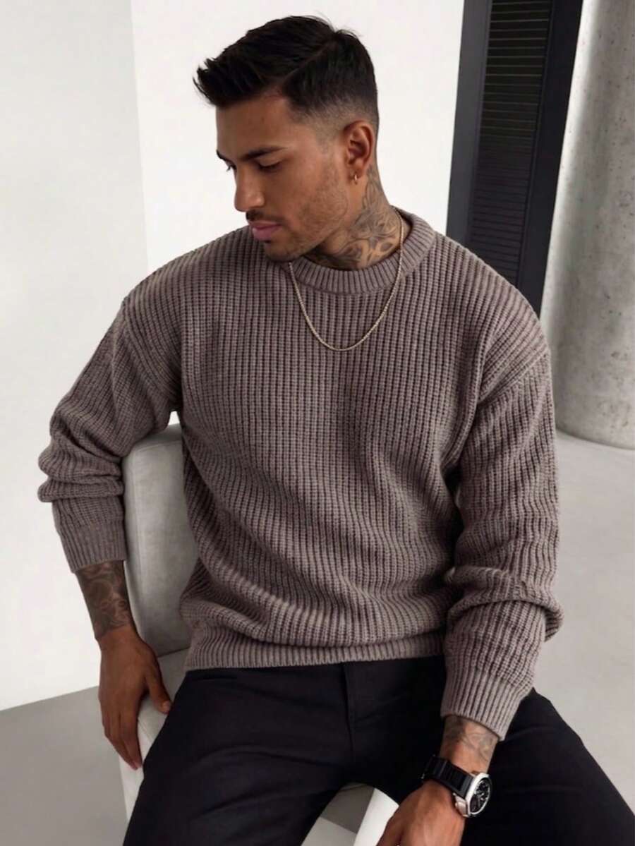 Men's Autumn/Winter Basic Solid Color Casual Fitted Lightweight Sheer Polyester Pique Texture Niche Design Long Sleeve Drop Shoulder Crew Neck Pullover Sweater - Coffee Brown - View 1