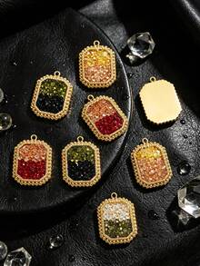 1 Pc Square Two‑Tone Rhinestone Stainless Steel Pendant, Beaded Edge Crystal Charm DIY Jewelry Accessory For Handmade Necklaces & Bracelets - Pendants - View 2