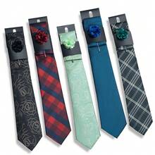 AlanKing Geometric Floral Pattern Men's Tie, Pocket Square & Lapel Pin 3-Piece Set, Suitable For Casual Holiday And Family Gatherings - Multicolor - View 1