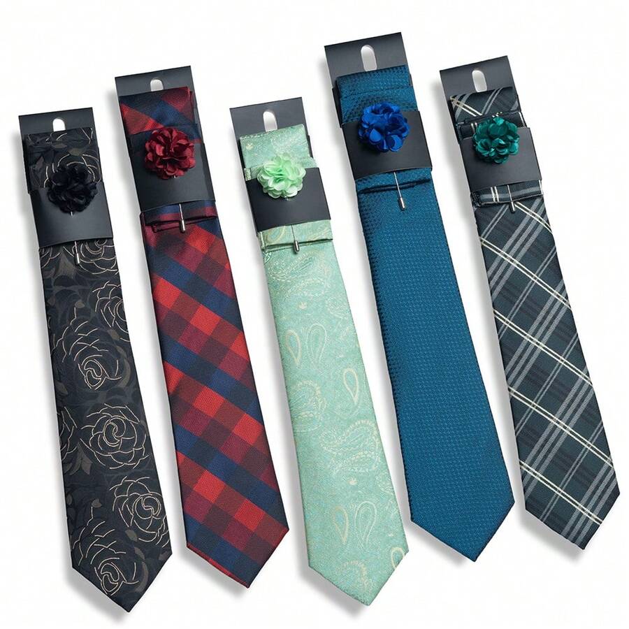 AlanKing Geometric Floral Pattern Men's Tie, Pocket Square & Lapel Pin 3-Piece Set, Suitable For Casual Holiday And Family Gatherings - Multicolor - View 1