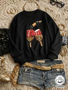 Women's Loose Fit Long Sleeve Crew Neck Sweatshirt With Champagne Pouring & Leopard Print Wine Glass Graphic, - Black - View 3
