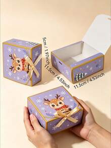 Christmas Gift Boxes With Ribbon, 4.53 * 4.53 * 1.97 In Purple Reindeer Paper Treat Box, Xmas Party Favor Candy Cookie Gift Packaging Box - View 3