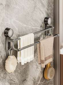 Bathroom Suction Cup Towel Rack, No-Drill Adhesive Installation, Double Bar Towel Rack, No-Drill Wall-Mounted Bathroom Towel Rack, No-Drill Wall-Mounted Towel Hooks, Suitable For Bathroom And Kitchen, Double Bar Towel Rack With Hooks, Modern Design Style - Multicolor - View 2