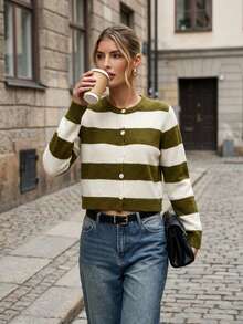 Women's Regular Fit Colorblock Striped Knit Cardigan Sweater, Fashionable For Vacation, Office, Daily Wear, Dating, Travel, Spring, Summer, Autumn, Winter - White - View 7
