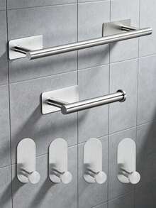 6pcs Bathroom Storage Hanging Set Stainless Steel Towel Rack American Style Toilet Paper Holder Coat Hook - Silver - View 3