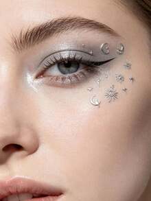 1pc Exotic Mysterious Silver Celestial Face Decor Sticker, 3D Silver Sun Moon Starburst Vintage Pattern, Create Cold Elegant Vintage Face Makeup Look, Performance Party Photoshoot Makeup Accent, Easy-To-Apply Makeup Sticker - Multicolor - View 3