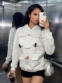 Women's Casual Oversized Sweatshirt With Pockets, Suitable For Daily Wear, Autumn/Winter , Going Out Fall - Light Grey - View 1