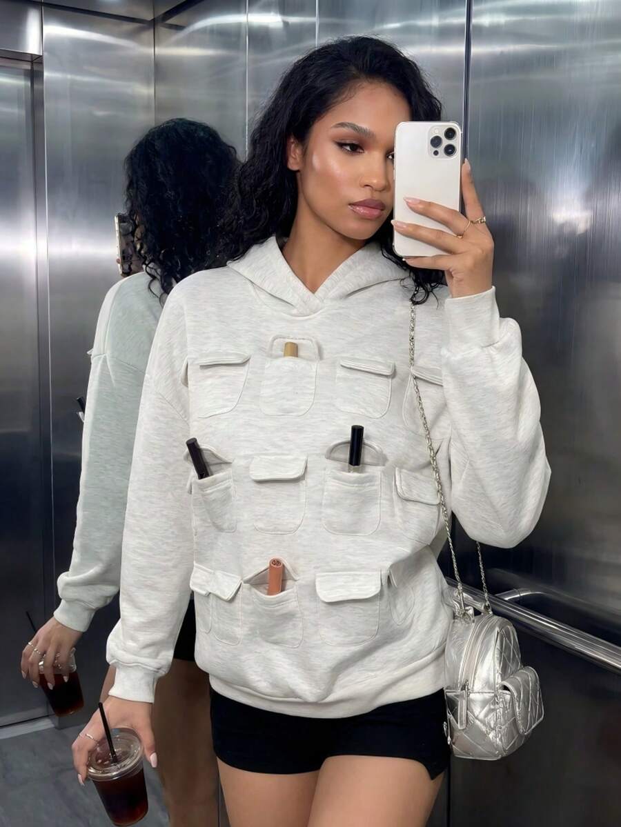 Women's Casual Oversized Sweatshirt With Pockets, Suitable For Daily Wear, Autumn/Winter , Going Out Fall - Light Grey - View 1