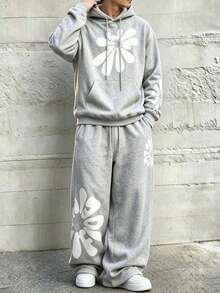 HEYKESON Men's Floral Print Hoodie & Wide Leg Sweatpants 2 Pieces Loose Fit Sports Set - Light Grey - View 5