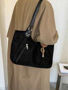 1pc Minimalist Vintage Solid Color Large Capacity Shoulder Bag Casual Lightweight Daily Tote Bag (Without Pendant) - Multicolor - View 6