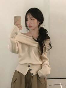 Women's Off-Shoulder Sweater, New Autumn/Winter Niche French Design, Soft And Comfortable Pullover Knit Top - Apricot - View 7