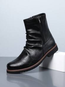 QRLQRL Autumn/Winter Men's Ruched Stacked Ankle Boots, Side Zipper Square Toe Thick Sole Fashion Boots, Urban Commute Streetwear Footwear - Black - View 2