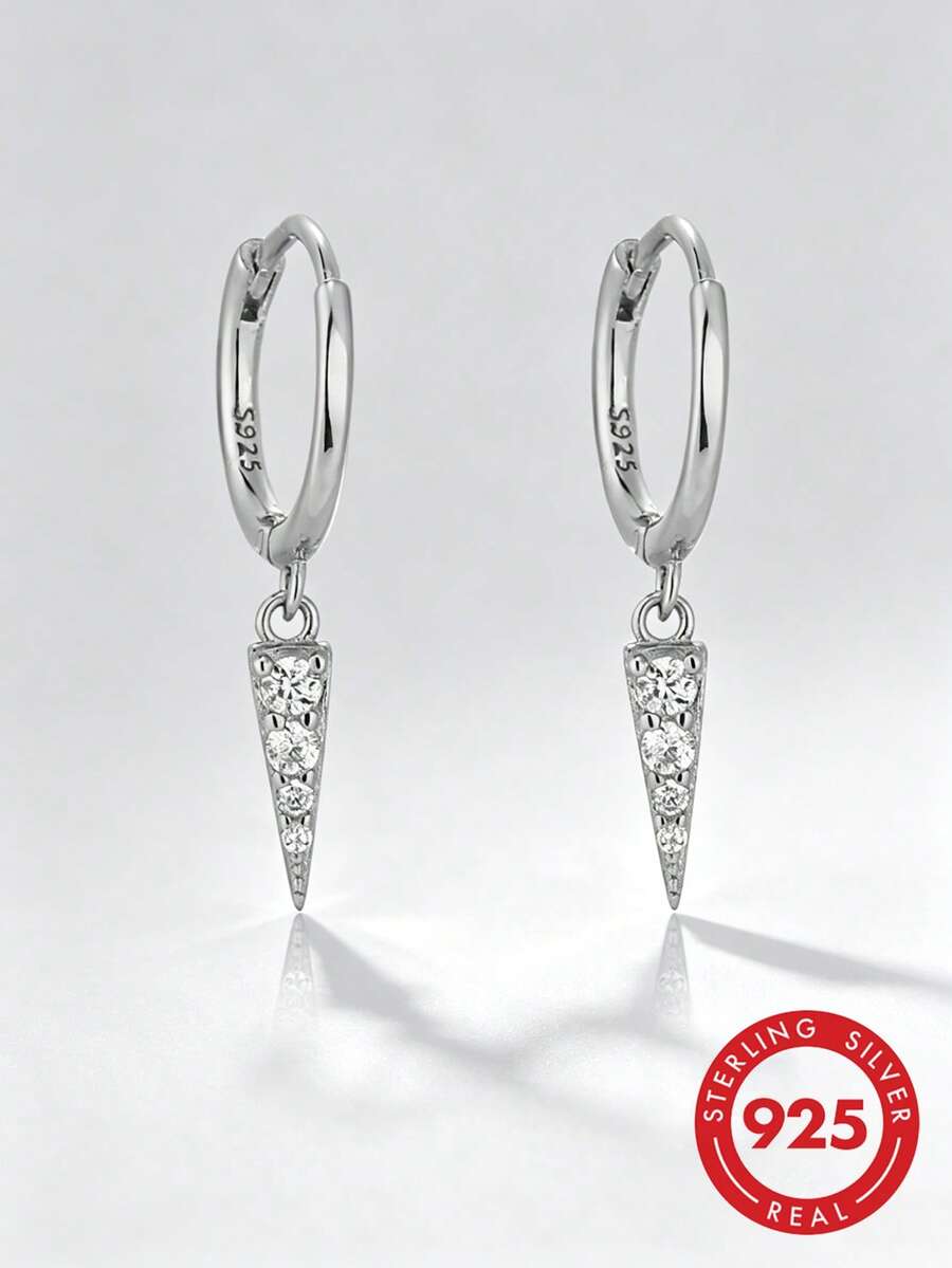 1 Pair Elegant Earrings, High-Quality Jewelry, Daily Wear For Women, Birthday Gift, Cubic Zirconia Inlaid, Inverted Triangle Design - Silver - View 1